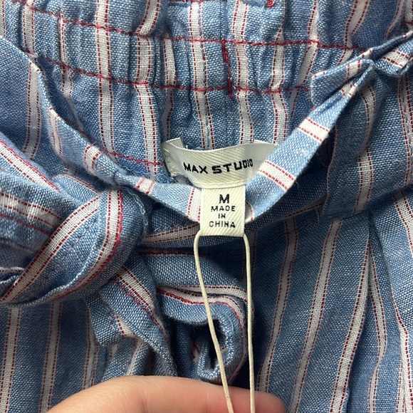 Max Studio Blue Red Pin Stripe Linen Paper-bag Pants- M - Picture 3 of 7